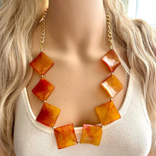 Load image into Gallery viewer, Long Tie Dye Clementine Statement Necklace Jewelry, Chunky Big Beaded 1 Strand Necklace, orange gold square diamond geometric bead