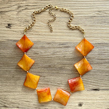 Load image into Gallery viewer, Long Tie Dye Clementine Statement Necklace Jewelry, Chunky Big Beaded 1 Strand Necklace, orange gold square diamond geometric bead