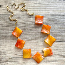 Load image into Gallery viewer, Long Tie Dye Clementine Statement Necklace Jewelry, Chunky Big Beaded 1 Strand Necklace, orange gold square diamond geometric bead