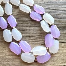 Load image into Gallery viewer, Light Purple Chunky Statement Necklace, Big beaded jewelry, Double Strand Statement Bib White Silver bridesmaid wedding lavender