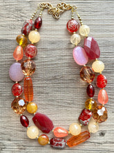 Load image into Gallery viewer, Cranberry Chunky Statement Necklace, Double Strand Beaded Jewelry, berry maroon jewelry, bridesmaid wedding bib resin coral yellow orange