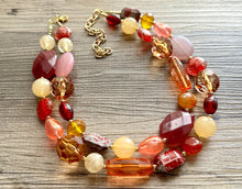 Load image into Gallery viewer, Cranberry Chunky Statement Necklace, Double Strand Beaded Jewelry, berry maroon jewelry, bridesmaid wedding bib resin coral yellow orange