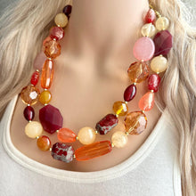 Load image into Gallery viewer, Cranberry Chunky Statement Necklace, Double Strand Beaded Jewelry, berry maroon jewelry, bridesmaid wedding bib resin coral yellow orange