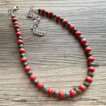 Load image into Gallery viewer, Watermelon Gemstone Necklace, Red Pink & Green Chunky Statement Necklace, single strand beaded coral jewelry, multi color bib gem