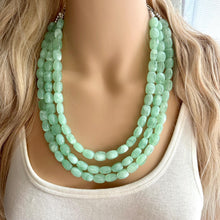Load image into Gallery viewer, Mint Green Chunky Statement Necklace, 3 strand necklace, light green bracelet earrings jewelry set wedding, bridesmaid grass