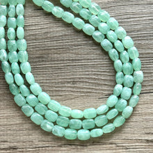 Load image into Gallery viewer, Mint Green Chunky Statement Necklace, 3 strand necklace, light green bracelet earrings jewelry set wedding, bridesmaid grass