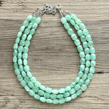 Load image into Gallery viewer, Mint Green Chunky Statement Necklace, 3 strand necklace, light green bracelet earrings jewelry set wedding, bridesmaid grass