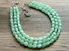 Load image into Gallery viewer, Mint Green Chunky Statement Necklace, 3 strand necklace, light green bracelet earrings jewelry set wedding, bridesmaid grass