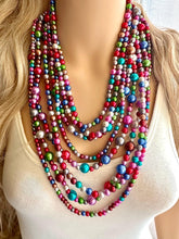 Load image into Gallery viewer, Rainbow Pearl Statement, pearl jewelry, silver chain, 8 strand bib chunky necklace, rainbow red orange yellow green blue purple pink