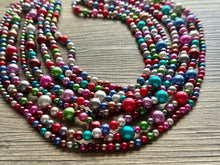 Load image into Gallery viewer, Rainbow Pearl Statement, pearl jewelry, silver chain, 8 strand bib chunky necklace, rainbow red orange yellow green blue purple pink