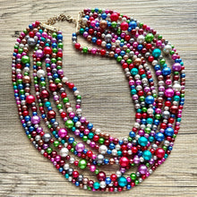 Load image into Gallery viewer, Rainbow Pearl Statement, pearl jewelry, silver chain, 8 strand bib chunky necklace, rainbow red orange yellow green blue purple pink