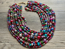 Load image into Gallery viewer, Rainbow Pearl Statement, pearl jewelry, silver chain, 8 strand bib chunky necklace, rainbow red orange yellow green blue purple pink