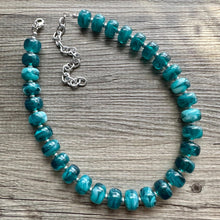 Load image into Gallery viewer, Emerald Candy Statement Necklace, resin chunky multi-strand jewelry, deep royal green necklace, single strand silver necklace thick layering