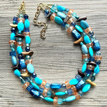 Load image into Gallery viewer, Orange & Blue 3 strand Beaded Statement Necklace, Chunky Bib Multi-Strand Jewelry, blue drop earrings, aqua necklace turquoise aqua navy