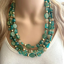 Load image into Gallery viewer, Turquoise Blue & Gold Beaded statement necklace, 3 strand bead jewelry, green teal geometric light blue winter bib chunky necklace metallic