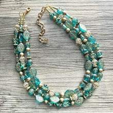 Load image into Gallery viewer, Turquoise Blue & Gold Beaded statement necklace, 3 strand bead jewelry, green teal geometric light blue winter bib chunky necklace metallic