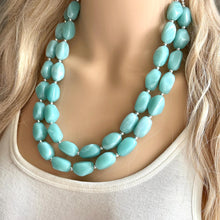 Load image into Gallery viewer, Neptune Blue Statement Necklace, Colorful Jewelry, Chunky statement necklace, gray green blue beaded light blue, double strand resin