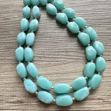 Load image into Gallery viewer, Neptune Blue Statement Necklace, Colorful Jewelry, Chunky statement necklace, gray green blue beaded light blue, double strand resin