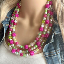 Load image into Gallery viewer, Lime Green & Raspberry Hot Pink Chunky Statement Necklace, Big beaded jewelry, 3 Strand white Statement Bib bridesmaid wedding