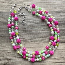 Load image into Gallery viewer, Lime Green & Raspberry Hot Pink Chunky Statement Necklace, Big beaded jewelry, 3 Strand white Statement Bib bridesmaid wedding