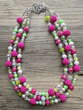 Load image into Gallery viewer, Lime Green & Raspberry Hot Pink Chunky Statement Necklace, Big beaded jewelry, 3 Strand white Statement Bib bridesmaid wedding