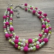 Load image into Gallery viewer, Lime Green & Raspberry Hot Pink Chunky Statement Necklace, Big beaded jewelry, 3 Strand white Statement Bib bridesmaid wedding