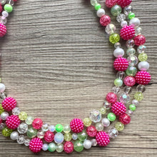 Load image into Gallery viewer, Lime Green & Raspberry Hot Pink Chunky Statement Necklace, Big beaded jewelry, 3 Strand white Statement Bib bridesmaid wedding