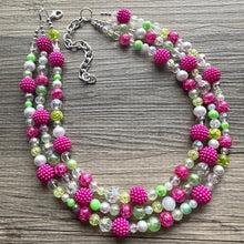 Load image into Gallery viewer, Lime Green & Raspberry Hot Pink Chunky Statement Necklace, Big beaded jewelry, 3 Strand white Statement Bib bridesmaid wedding