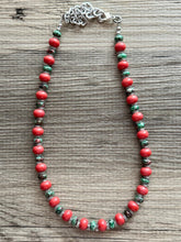 Load image into Gallery viewer, Watermelon Gemstone Necklace, Red Pink & Green Chunky Statement Necklace, single strand beaded coral jewelry, multi color bib gem
