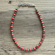 Load image into Gallery viewer, Watermelon Gemstone Necklace, Red Pink & Green Chunky Statement Necklace, single strand beaded coral jewelry, multi color bib gem