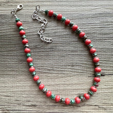 Load image into Gallery viewer, Watermelon Gemstone Necklace, Red Pink & Green Chunky Statement Necklace, single strand beaded coral jewelry, multi color bib gem