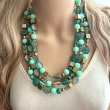 Load image into Gallery viewer, Turquoise Mint & Gold Beaded statement necklace, 3 strand bead jewelry, green teal geometric light blue winter bib chunky blue metallic