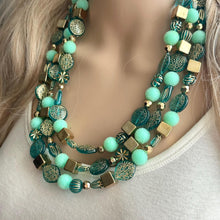 Load image into Gallery viewer, Turquoise Mint & Gold Beaded statement necklace, 3 strand bead jewelry, green teal geometric light blue winter bib chunky blue metallic