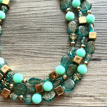 Load image into Gallery viewer, Turquoise Mint & Gold Beaded statement necklace, 3 strand bead jewelry, green teal geometric light blue winter bib chunky blue metallic