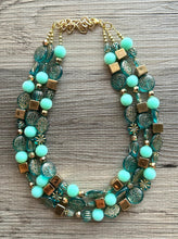 Load image into Gallery viewer, Turquoise Mint & Gold Beaded statement necklace, 3 strand bead jewelry, green teal geometric light blue winter bib chunky blue metallic
