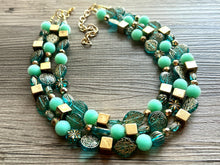 Load image into Gallery viewer, Turquoise Mint & Gold Beaded statement necklace, 3 strand bead jewelry, green teal geometric light blue winter bib chunky blue metallic