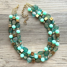 Load image into Gallery viewer, Turquoise Mint & Gold Beaded statement necklace, 3 strand bead jewelry, green teal geometric light blue winter bib chunky blue metallic