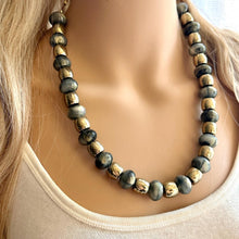Load image into Gallery viewer, Gold & Gray Geometric Necklace, single Strand Statement Jewelry, everyday brown gold linking chain champagne resin mocha swirl