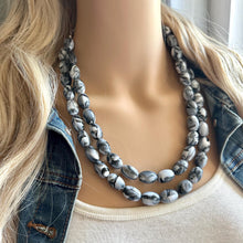 Load image into Gallery viewer, Black & White Swirl Big Bead Necklace, Statement Jewelry, white black silver Chunky bib, bridesmaids necklace, wedding 2 strand bridal