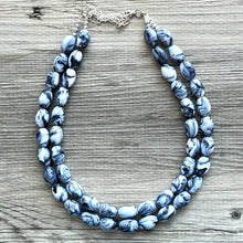Load image into Gallery viewer, Black & White Swirl Big Bead Necklace, Statement Jewelry, white black silver Chunky bib, bridesmaids necklace, wedding 2 strand bridal