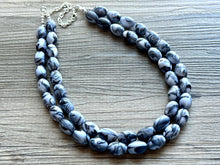 Load image into Gallery viewer, Black & White Swirl Big Bead Necklace, Statement Jewelry, white black silver Chunky bib, bridesmaids necklace, wedding 2 strand bridal