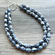 Load image into Gallery viewer, Black & White Swirl Big Bead Necklace, Statement Jewelry, white black silver Chunky bib, bridesmaids necklace, wedding 2 strand bridal