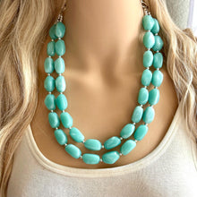 Load image into Gallery viewer, Neptune Blue Statement Necklace, Colorful Jewelry, Chunky statement necklace, gray green blue beaded light blue, double strand resin