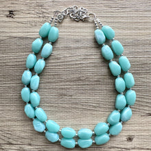 Load image into Gallery viewer, Neptune Blue Statement Necklace, Colorful Jewelry, Chunky statement necklace, gray green blue beaded light blue, double strand resin