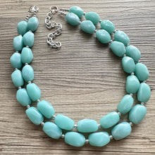 Load image into Gallery viewer, Neptune Blue Statement Necklace, Colorful Jewelry, Chunky statement necklace, gray green blue beaded light blue, double strand resin