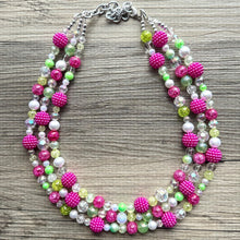 Load image into Gallery viewer, Lime Green & Raspberry Hot Pink Chunky Statement Necklace, Big beaded jewelry, 3 Strand white Statement Bib bridesmaid wedding