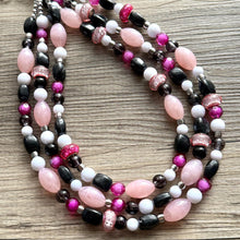 Load image into Gallery viewer, Pink & Black Necklace, multi strand jewelry, big beaded chunky statement necklace, pink necklace, bridesmaid necklace, bib blush white