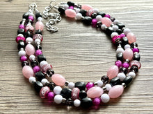 Load image into Gallery viewer, Pink & Black Necklace, multi strand jewelry, big beaded chunky statement necklace, pink necklace, bridesmaid necklace, bib blush white