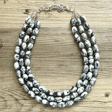 Load image into Gallery viewer, Black & White Swirl Big Bead Necklace, Statement Jewelry, white black silver Chunky bib, bridesmaids necklace, wedding 3 strand bridal