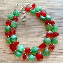 Load image into Gallery viewer, Red & Green Statement Necklace, Chunky Beaded Necklace, Christmas Jewelry, green Necklace, red holiday December beaded necklace silver